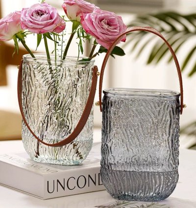 Textured glass vase with elegant leather handle