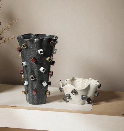 Decorative vase with colorful raised cubes set of 2