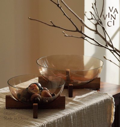 أطباق زجاج أومبرا على حامل خشبى طقم قطعتين