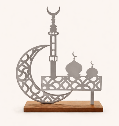Metal Crescent & Mosque Decor with Wooden Base