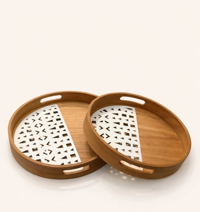 Round Wooden Serving Tray Set of 2