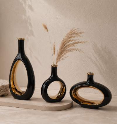 Black Ceramic Vases with Golden Touch set of 3